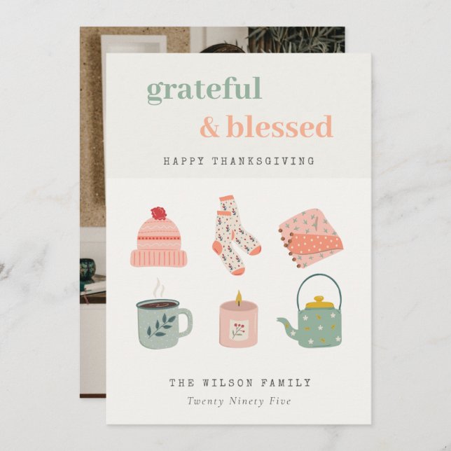 Cosy Scandi Autumn Essential Photo Thanksgiving Holiday Card (Front/Back)