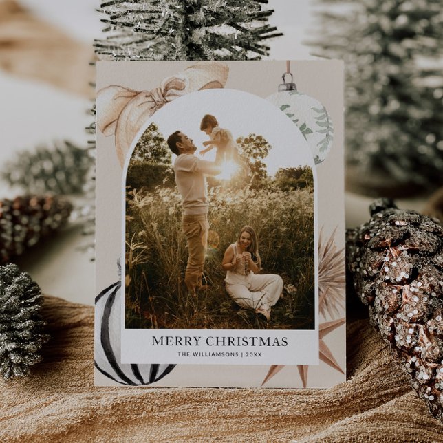 Cosy Scandi Boho Arch Family Photo Christmas Holiday Postcard (Cozy Holiday Photo Postcard)