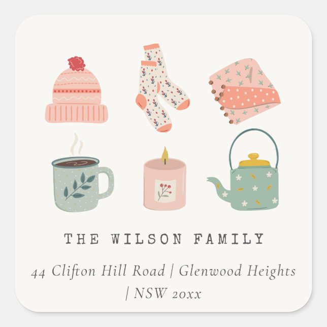 Cosy Scandi Winter Essential Blush Green Address Square Sticker (Front)
