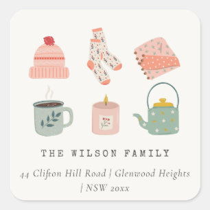 Cosy Scandi Winter Essential Blush Green Address Square Sticker