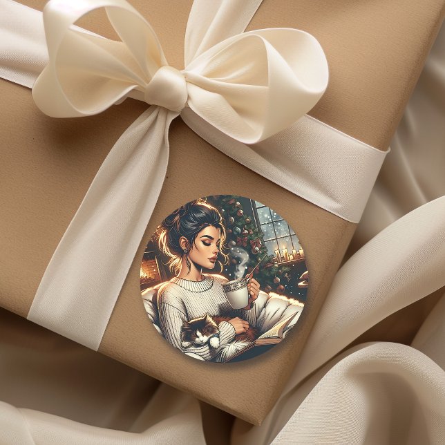 Cosy Scene | Woman Drinking Cocoa with Cat Classic Round Sticker (Creator Uploaded)