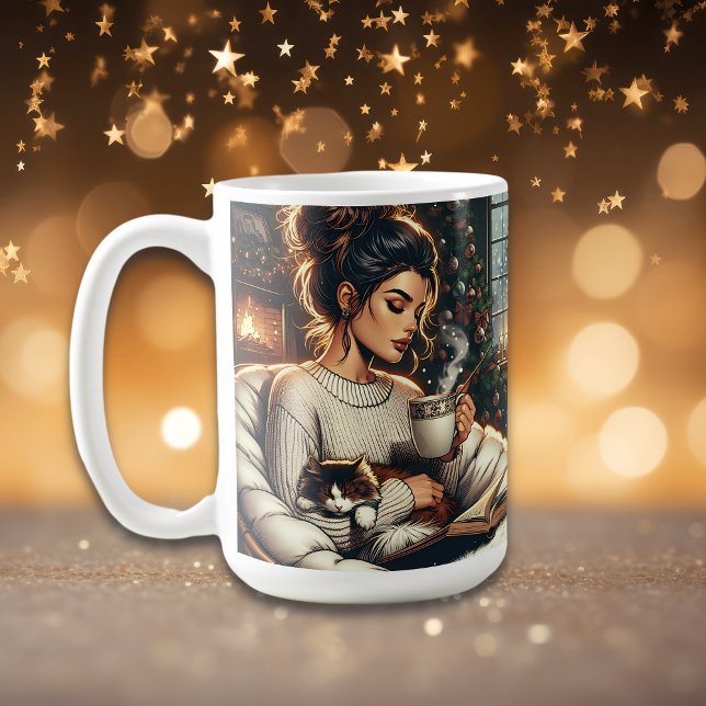 Cosy Scene | Woman Drinking Cocoa with Cat Coffee Mug (Creator Uploaded)