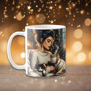 Cosy Scene   Woman Drinking Cocoa with Cat Coffee Mug