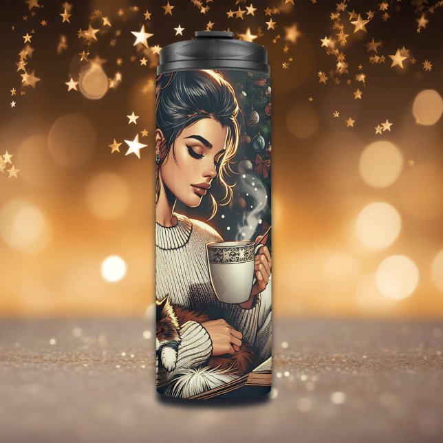Cosy Scene | Woman Drinking Cocoa with Cat Thermal Tumbler (Creator Uploaded)