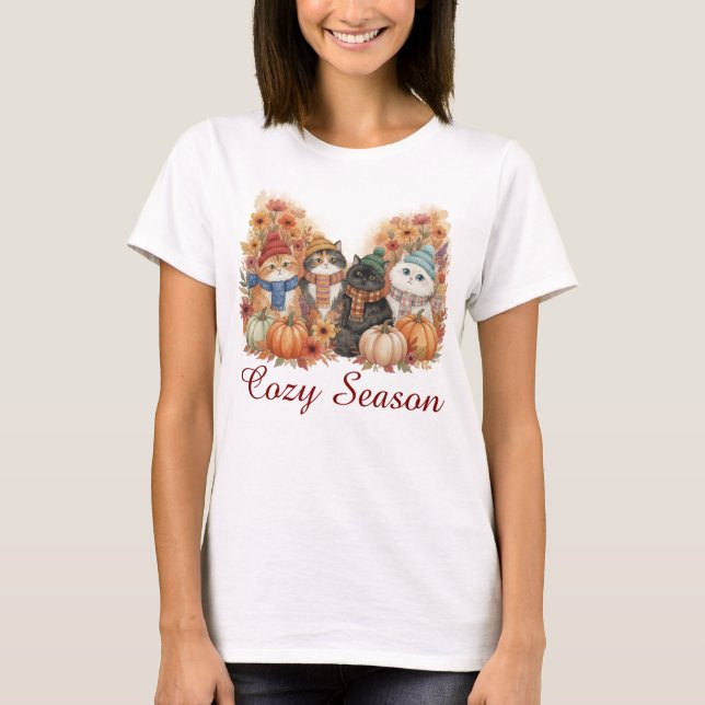 Cosy Season Autumn Cats & Pumpkins T-Shirt (Front)