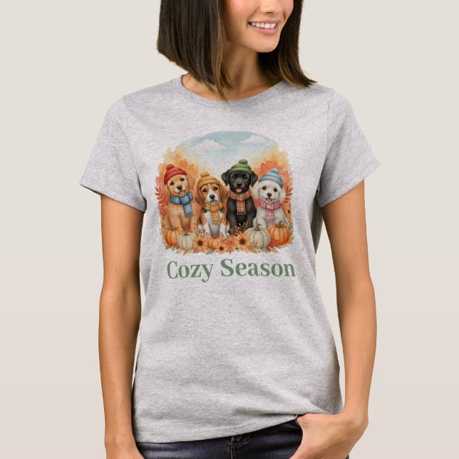 Cosy Season Autumn Puppies & Pumpkins T-Shirt (Front)