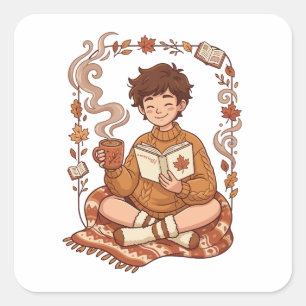 Cosy Season Autumn Reader Book Lover Cute Fall Square Sticker