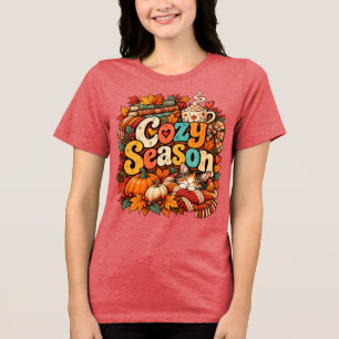 Cosy Season Fall Cat Books Coffee Design Tri-Blend Shirt