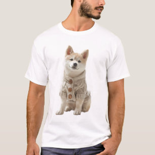 Cosy Shiba Inu in Beige Cable Knit Cardigan Art T-Shirt