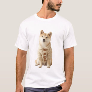 Cosy Shiba Inu in Cream Cable Knit Cardigan T-Shirt