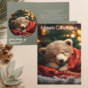 Cosy Sleeping Bear Personalised Photo Christmas Holiday Card