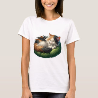Cosy Sleeping Calico Cat on a Soft Green Cushion T-Shirt