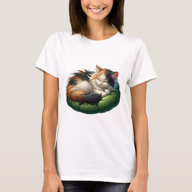 Cosy Sleeping Calico Cat on a Soft Green Cushion  T-Shirt (Front)