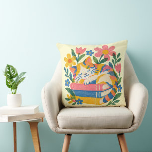 Cosy Sleeping Cat on Books Floral Cute Throw Cushion