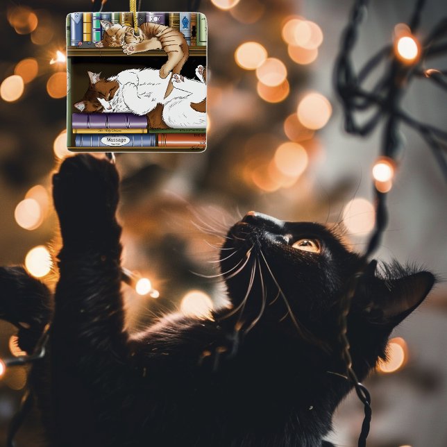 Cosy Sleeping Cats Bookshelf Illustration Cute Ceramic Tree Decoration (Creator Uploaded)