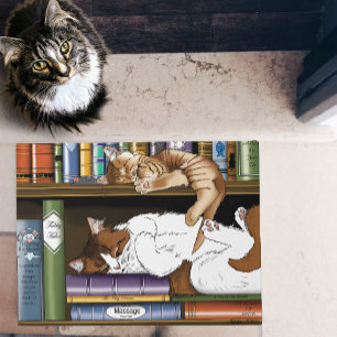 Cosy Sleeping Cats Bookshelf Illustration Cute Doormat