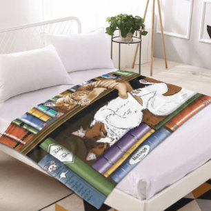 Cosy Sleeping Cats Bookshelf Illustration Cute Fleece Blanket