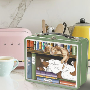 Cosy Sleeping Cats Bookshelf Illustration Cute Metal Lunch Box