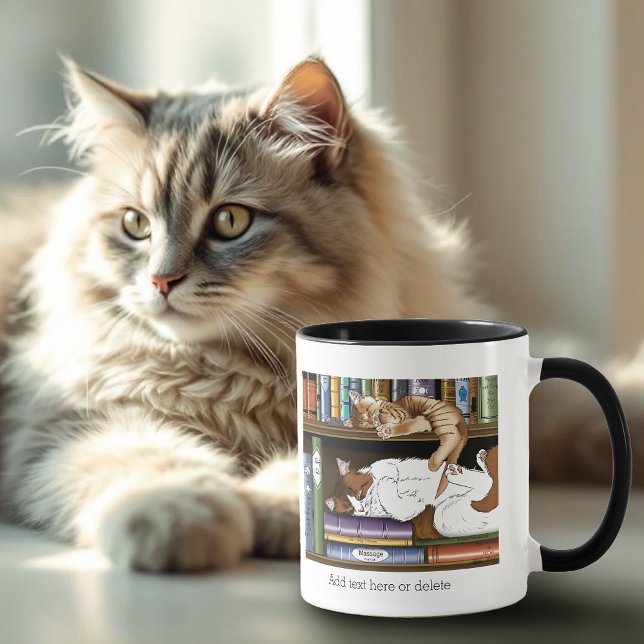 Cosy Sleeping Cats Bookshelf Illustration Cute Mug (Creator Uploaded)