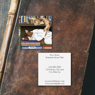Cosy Sleeping Cats Bookshelf Illustration Cute Square Business Card