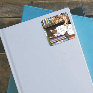 Cosy Sleeping Cats Bookshelf Illustration Cute Square Sticker