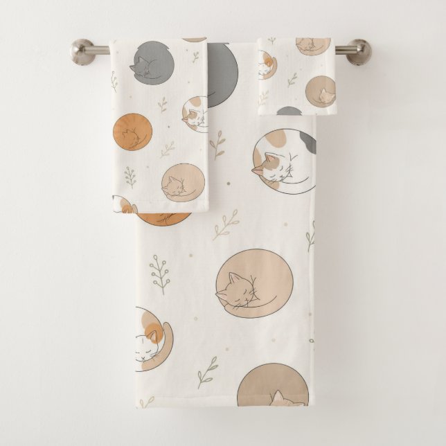 Cosy Sleeping Cats Curled Up Pattern Bath Towel Set (Insitu)