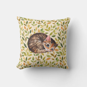 Cosy Sleepy Kitten Watercolor Floral Cushion