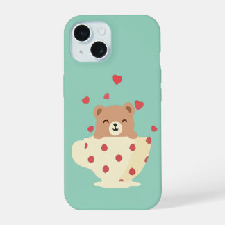 Cosy Smiling Teddy Bear in Polka Dot Teacup iPhone 15 Case