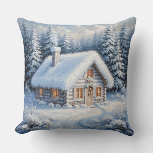 Cosy Snow-Covered Cabin in a Picturesque Winter Cushion