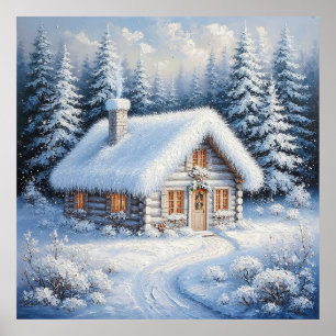 Cosy Snow-Covered Cabin in a Picturesque Winter Poster