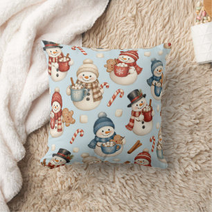 Cosy Snowman Hot Cocoa Watercolor Christmas Cushion