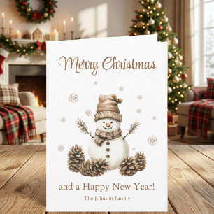 Cosy Snowman Pinecone Merry Christmas Holiday Card