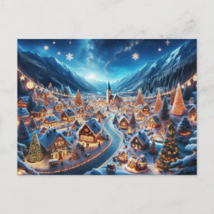 Cosy Snowy Christmas Village at Night Postcard