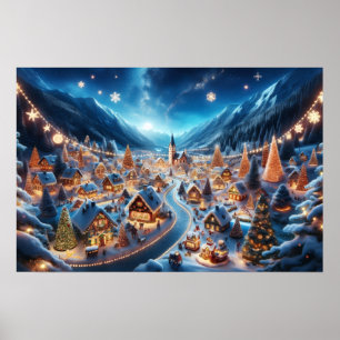 Cosy Snowy Christmas Village at Night Poster