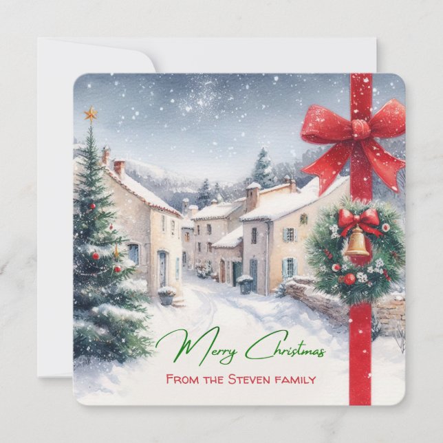 Cosy Snowy French Village Scene your name Holiday Card (Front)