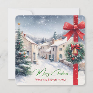 Cosy Snowy French Village Scene your name Holiday Card