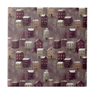 Cosy Snowy Winter Village Pattern (1) Ceramic Tile