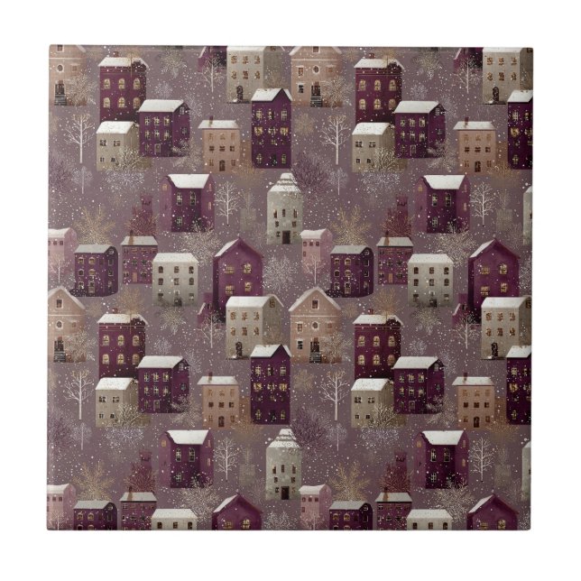 Cosy Snowy Winter Village Pattern (1) Ceramic Tile (Front)
