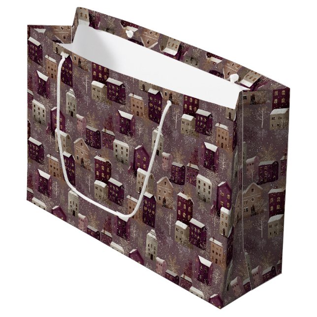 Cosy Snowy Winter Village Pattern (1) Large Gift Bag (Front Angled)