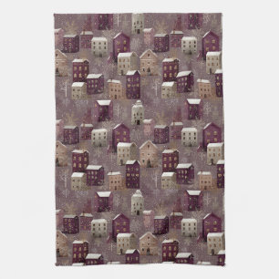 Cosy Snowy Winter Village Pattern (1) Tea Towel