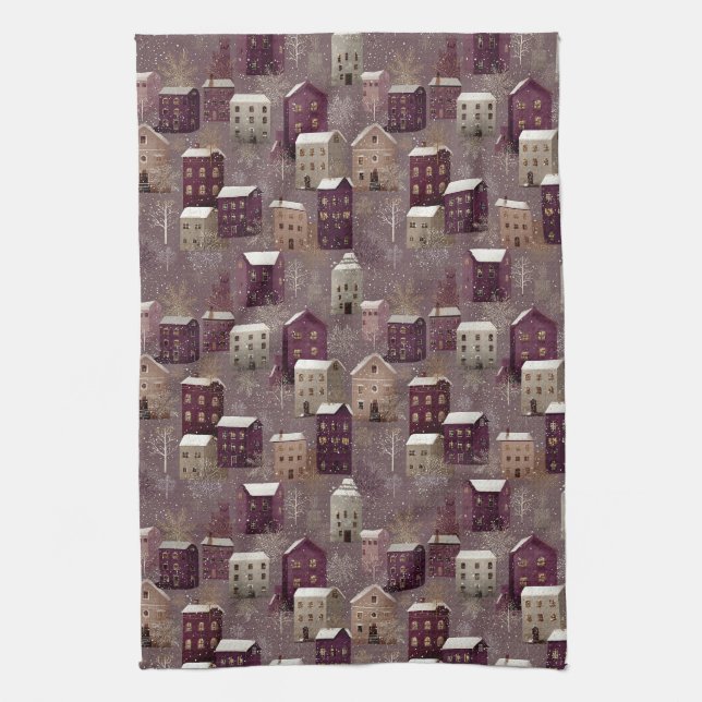 Cosy Snowy Winter Village Pattern (1) Tea Towel (Vertical)