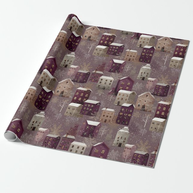 Cosy Snowy Winter Village Pattern (1) Wrapping Paper (Unrolled)