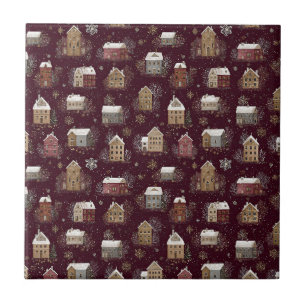 Cosy Snowy Winter Village Pattern (2) Ceramic Tile