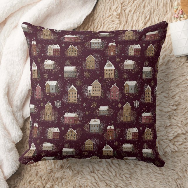 Cosy Snowy Winter Village Pattern (2) Cushion (Blanket)
