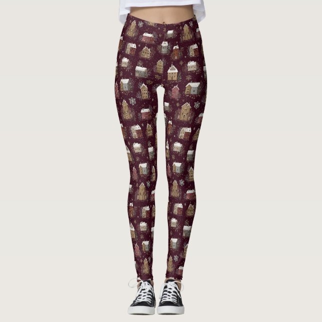 Cosy Snowy Winter Village Pattern (2) Leggings (Front)
