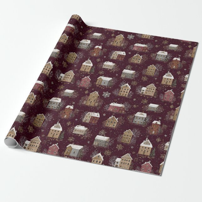 Cosy Snowy Winter Village Pattern (2) Wrapping Paper (Unrolled)
