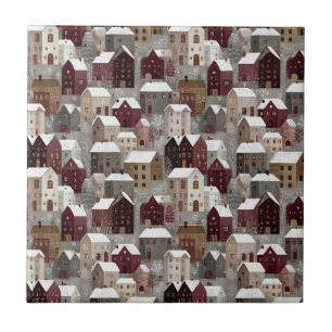 Cosy Snowy Winter Village Pattern (3) Ceramic Tile