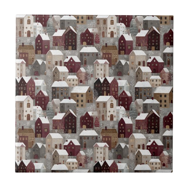 Cosy Snowy Winter Village Pattern (3) Ceramic Tile (Front)