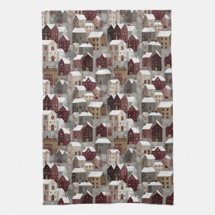 Cosy Snowy Winter Village Pattern (3) Tea Towel