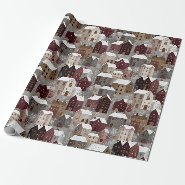 Cosy Snowy Winter Village Pattern (3) Wrapping Paper (Unrolled)